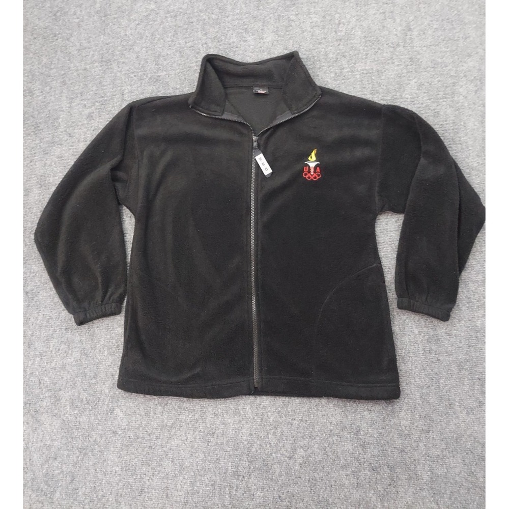 USA Fleece Olympic Jacket Mens Medium Full Zip Black Torch Embroidered Mock Neck